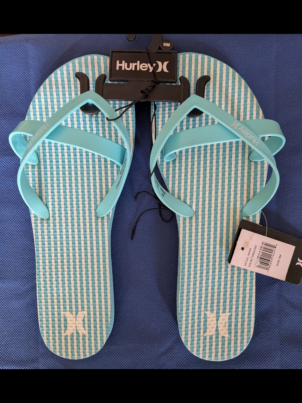 NWT! Hurley Turquoise Striped Flip Flop Sandals Women's 9M